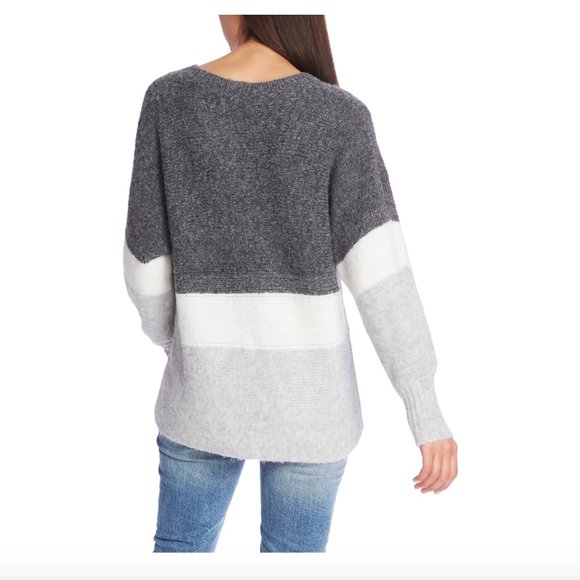 1.STATE Stripe V-Neck Tunic Ribbed Jersey Sweater - Picture 2 of 3